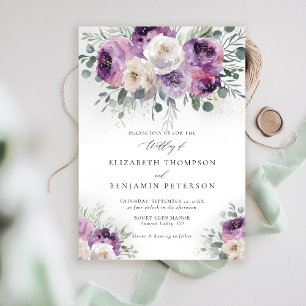 Purple Ivory Floral Eucalyptus Elegant Wedding Invitation