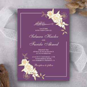 Purple Ivory Floral Leaves Branch Muslim Wedding Invitation