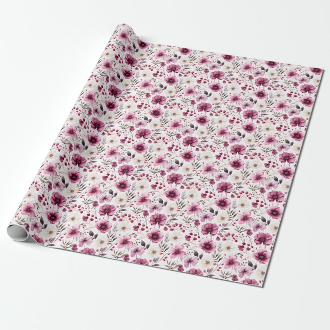 Purple & Ivory Floral Wrapping Paper (Unrolled)