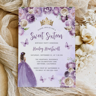 Purple Ivory Gold Floral Watercolor Sweet 16 Invitation
