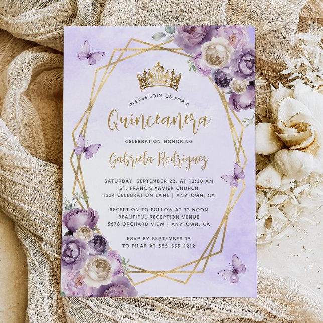 Purple Ivory Gold Geometric Floral Quinceañera Invitation (Creator Uploaded)