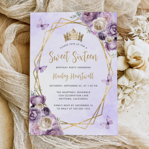 Purple Ivory Gold Geometric Floral Sweet 16 Party Invitation