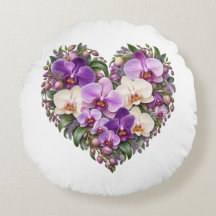Purple Ivory Orchid Floral Heart Round Pillow