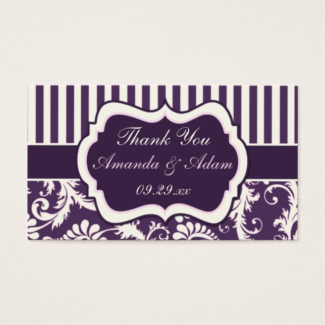 Purple, Ivory, Pink Damask Wedding Favour Tag (Front)