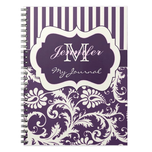 Purple Ivory Pink Striped Damask Journal Notebook (Front)