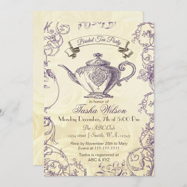 Purple Ivory Roses vintage Bridal Tea Invites (Front/Back)