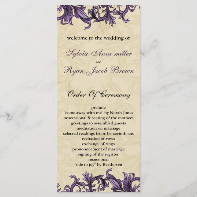 Purple ivory Vintage Flourish Wedding Programme (Front)