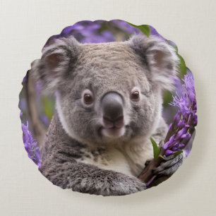 Purple Jacaranda Koala Bear, Round Cushion