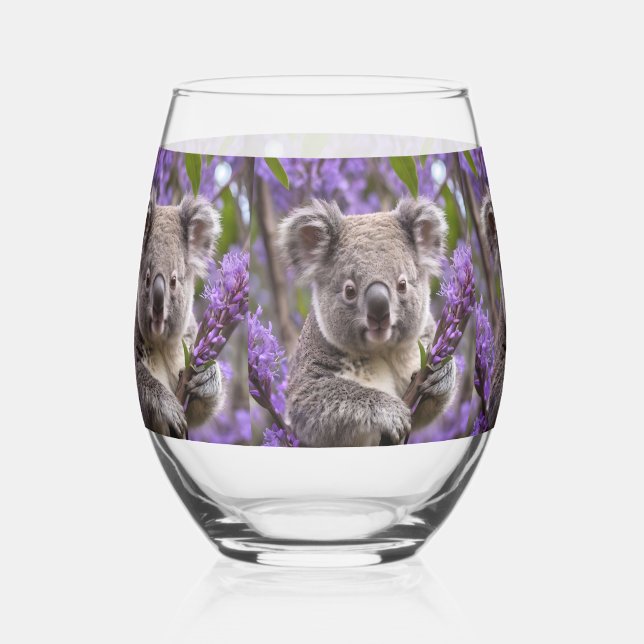 Purple Jacaranda Koala Bear, Stemless Wine Glass (Front)