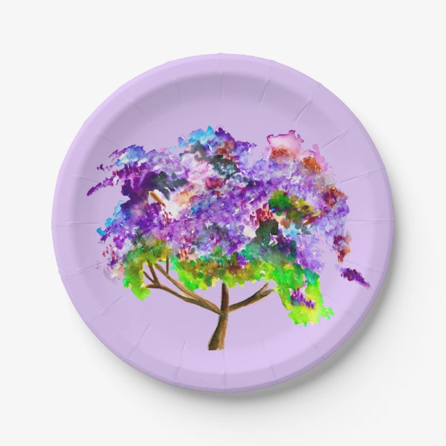 Purple Jacaranda tree watercolor art Paper Plate (Front)