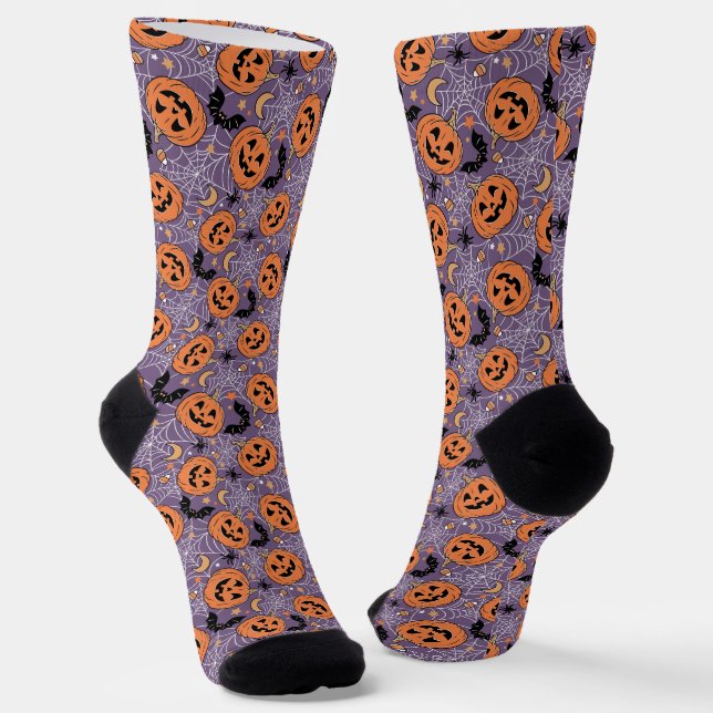 Purple Jack-O-Lantern Halloween Pattern Socks (Angled)