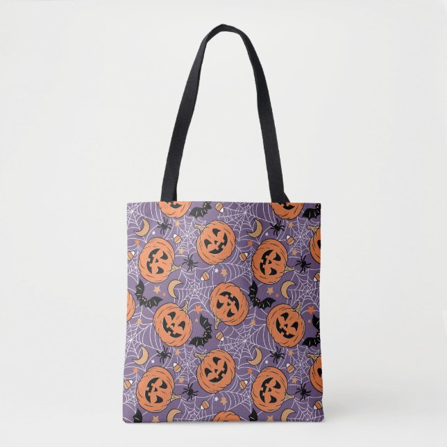 Purple Jack-O-Lantern Halloween Pattern Tote Bag (Front)