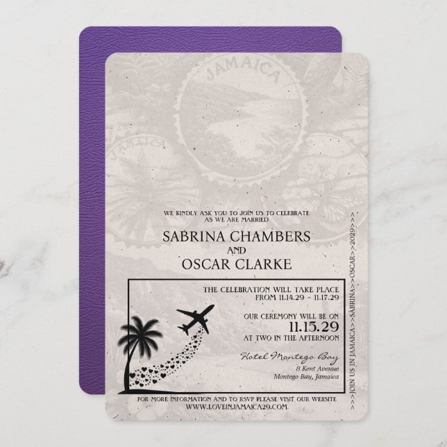 Purple Jamaica Passport Wedding Invitation (Front/Back)