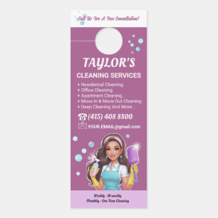 Purple Janitorial Lady House Cleaning Service Door Hanger