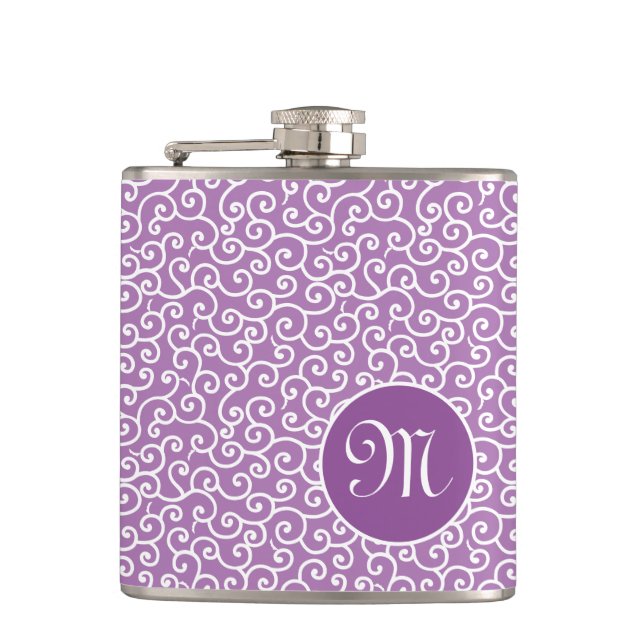 Purple Japanese Spiral Vine Karakusa Pattern Hip Flask (Front)