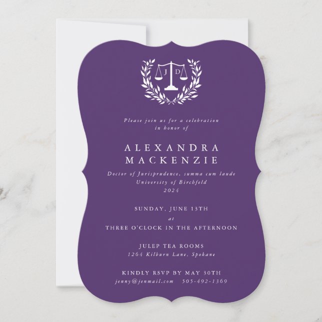 Purple JD Law Scales Laurel Wreath Graduation Invi Invitation (Front)