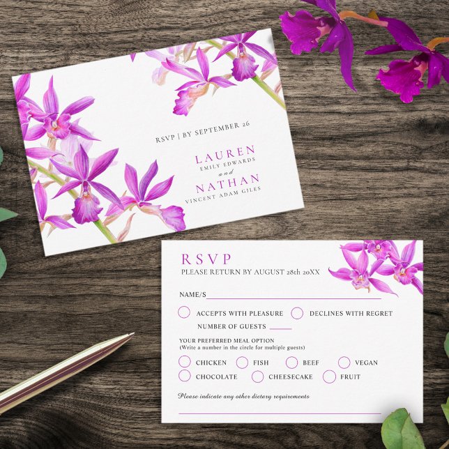 Purple jewel orchid watercolor wedding RSVP card (Creator Uploaded)