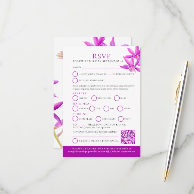 Purple jewel orchid watercolor wedding RSVP QR (Front/Back In Situ)