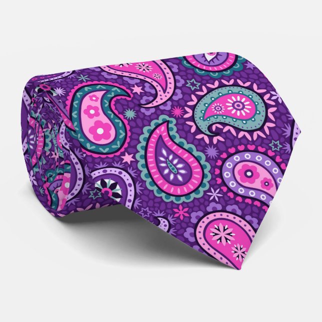 Purple jewel-tone bright bold boho paisley tie (Rolled)