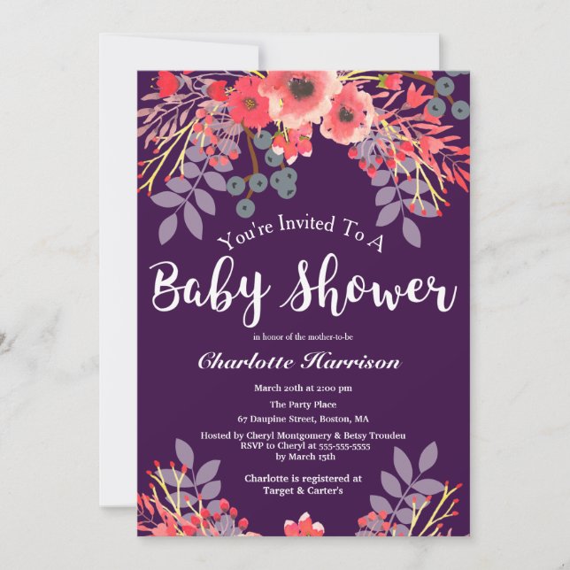Purple Jewel Tone Watercolor Flowers Baby Shower Invitation (Front)