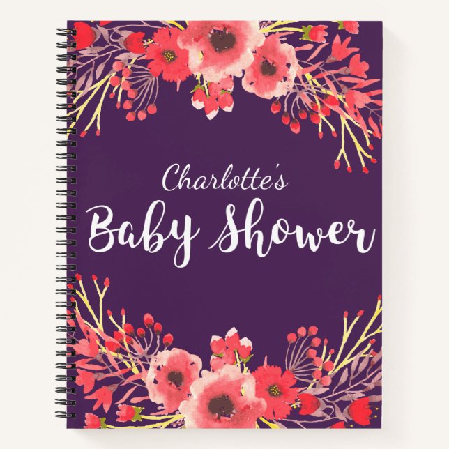 Purple Jewel Tone Watercolor Flowers Baby Shower Notebook (Front)