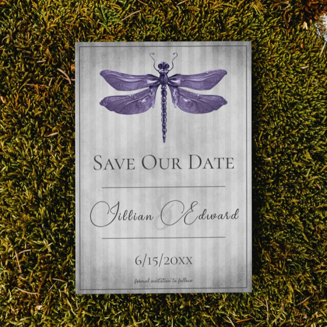 Purple Jewelled Dragonfly Save the Date Announcement (Purple Jeweled Dragonfly Save the Date Wedding Announcement)