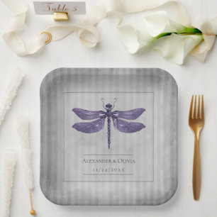 Purple Jewelled Dragonfly Wedding Paper Plate
