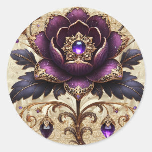 Purple Jewelled Floral Round Sticker 