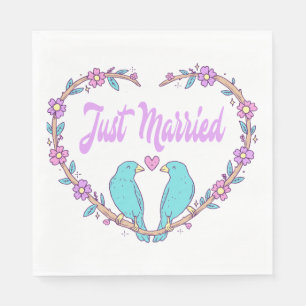 Purple Just Married Floral Lovebirds Wedding Heart Napkin