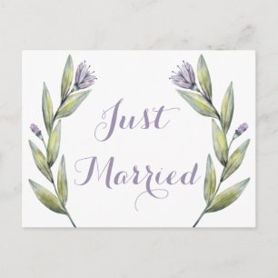 Purple Just Married Watercolor Flowers Leaves Announcement Postcard