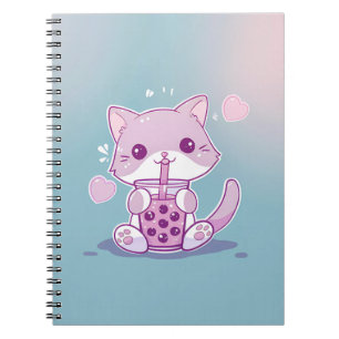 Purple Kawaii Cat Drinking Boba Tea Note Book