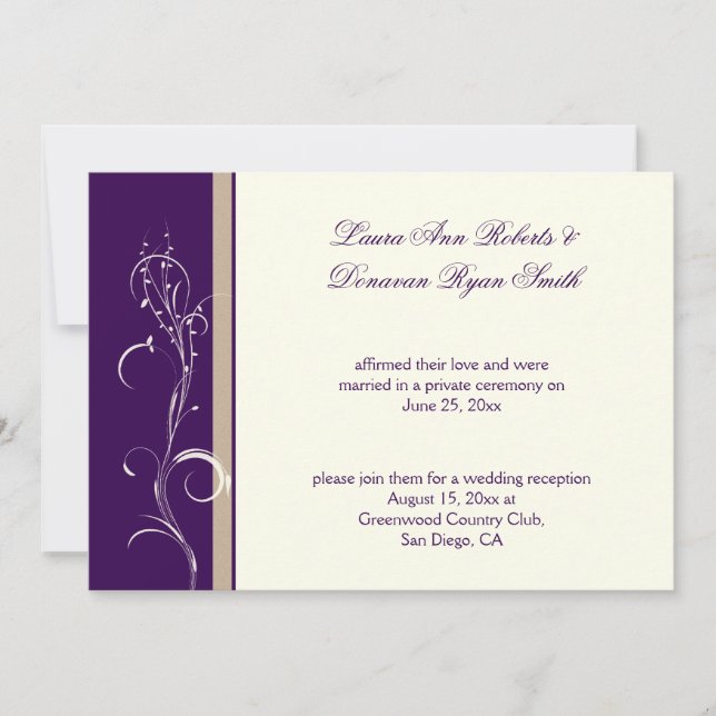 Purple Khaki Ivory Floral Swirl Post Wedding Invitation (Front)