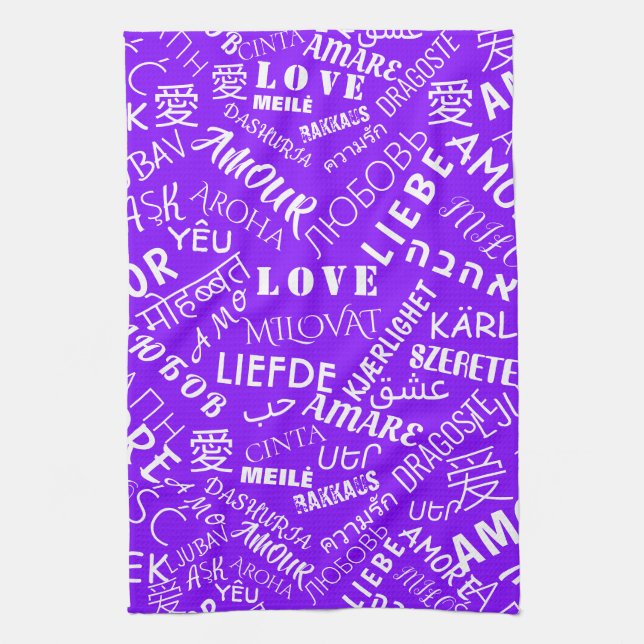 Purple Kitchen Towel with Multilingual Love Text (Vertical)