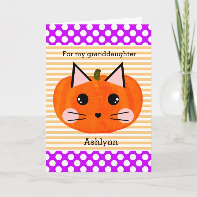 Purple Kitty Cat Pumpkin Halloween Granddaughter  Card (Front)