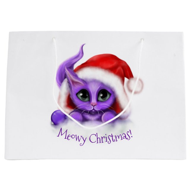 Purple Kitty Meowy Christmas Large Gift Bag (Front)