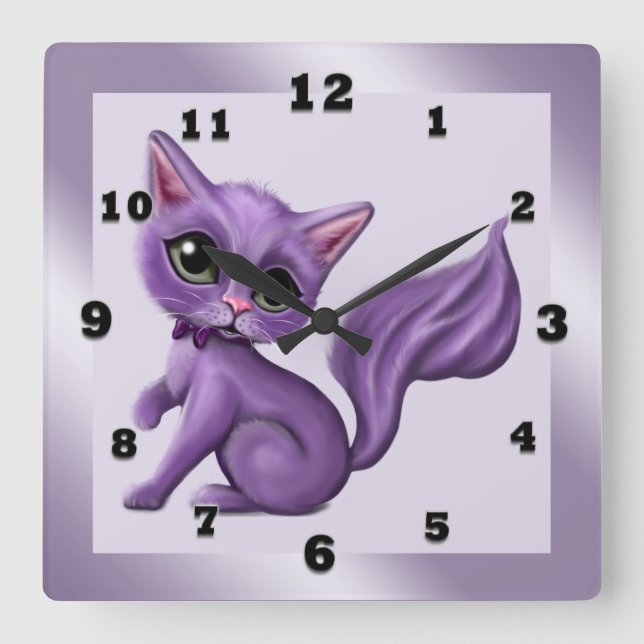 Purple Kitty Square Wall Clock (Front)
