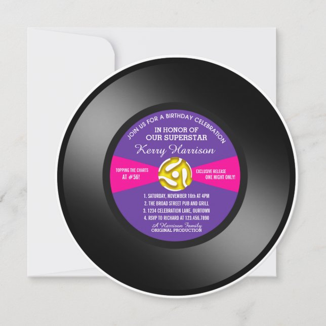 Purple Label Vinyl 45 Record Birthday Party Invitation (Front)