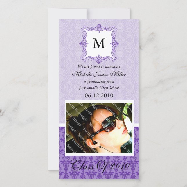 Purple Lace Damask Initial Graduation Photo Card (Front)