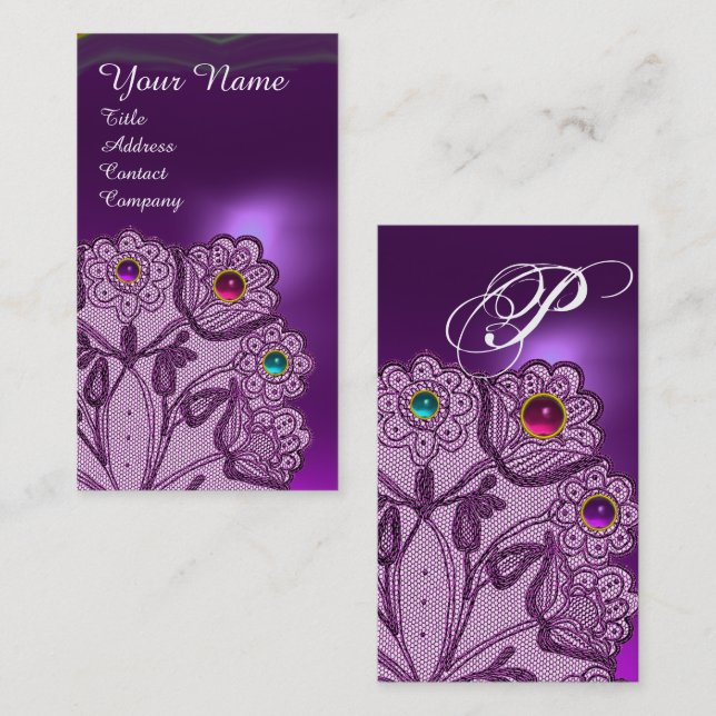 PURPLE LACE FLOWERS AND COLORFUL GEMS MONOGRAM BUSINESS CARD (Front/Back)