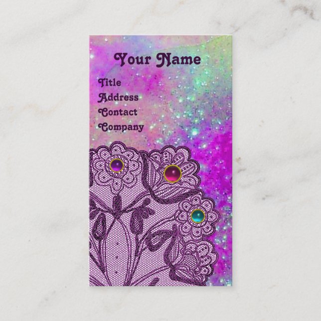 PURPLE LACE FLOWERS AND COLORFUL GEMSTONES BUSINESS CARD (Front)