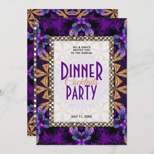 Purple Lace Fractals Dinner Cocktail Party Invitation (Front/Back)