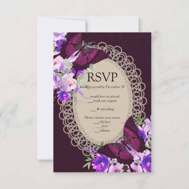 Purple Lace Glam Glamourous RSVP  Enclosure Card (Front)