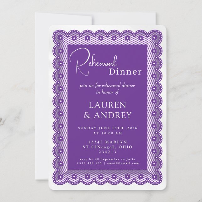 Purple Lace Rehearsal Dinner Invitation (Front)