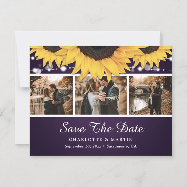 Purple Lace Sunflower Photo Save The Date Cards (Front)