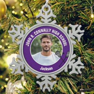 Purple Lacrosse Player Photo High School Snowflake Pewter Christmas Ornament