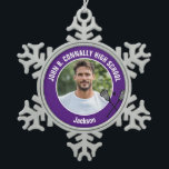 Purple Lacrosse Player Photo High School Snowflake Pewter Christmas Ornament<br><div class="desc">This cool customized high school lacrosse player photo gift features white typography of your team and player name on a purple snowflake Christmas ornament with a ball and rackets icon. Personalize with your athlete's photograph and class year as a proud sports parent.</div>