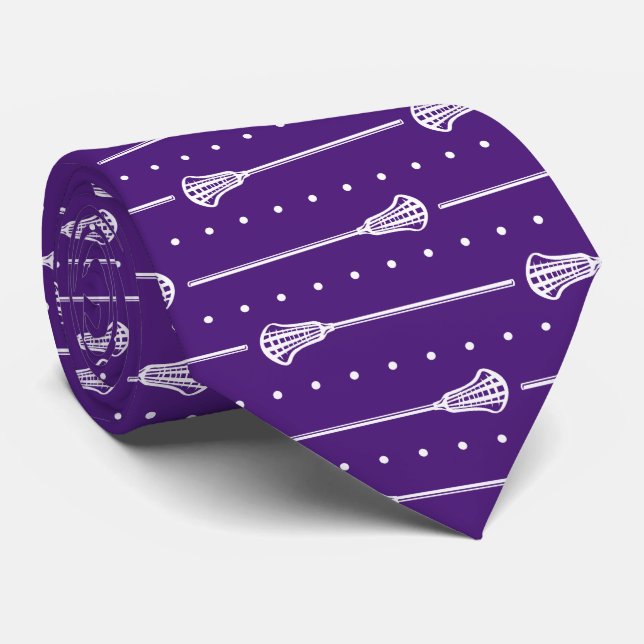 Purple Lacrosse White Sticks & Dots Pattern Tie (Rolled)