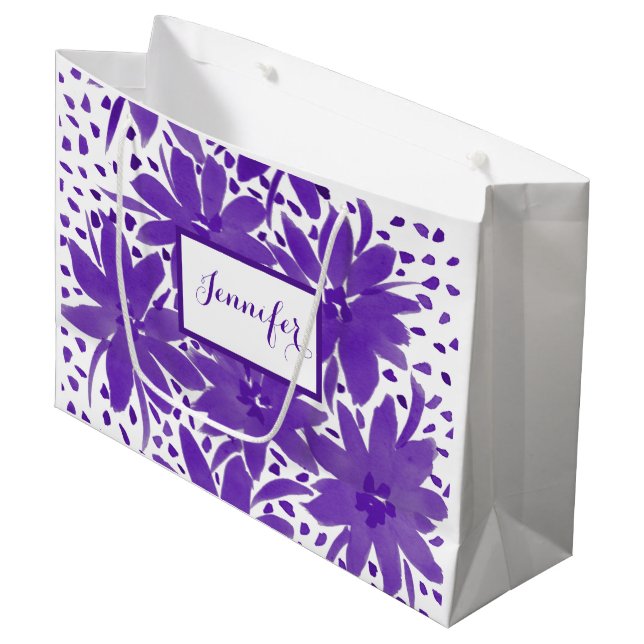 Purple Large Personalised Floral Design  Gift Bag (Front Angled)