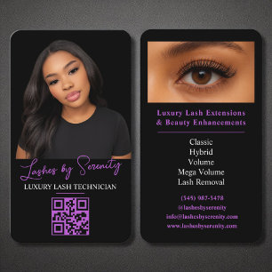 Purple Lash Technician QR Code Black Luxury Beauty Business Card