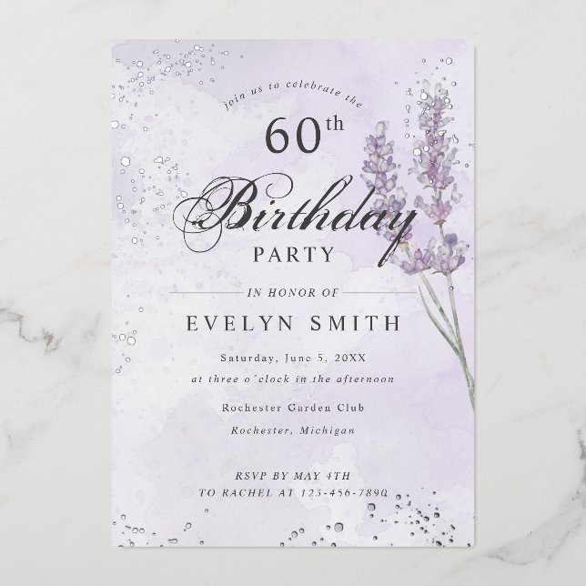 Purple lavender 60th birthday party silver  (Front)